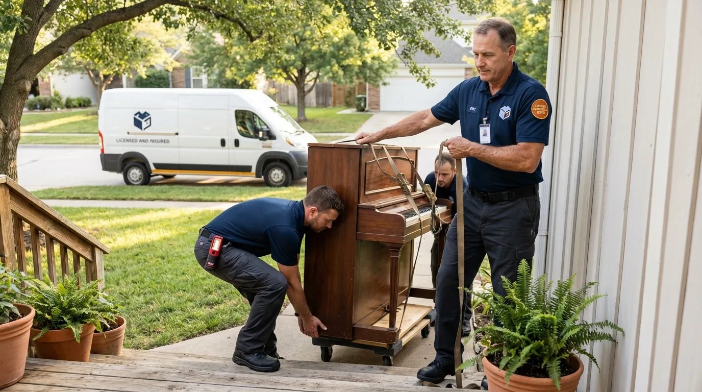 Licensed piano movers securing grand piano in Nashville, AR