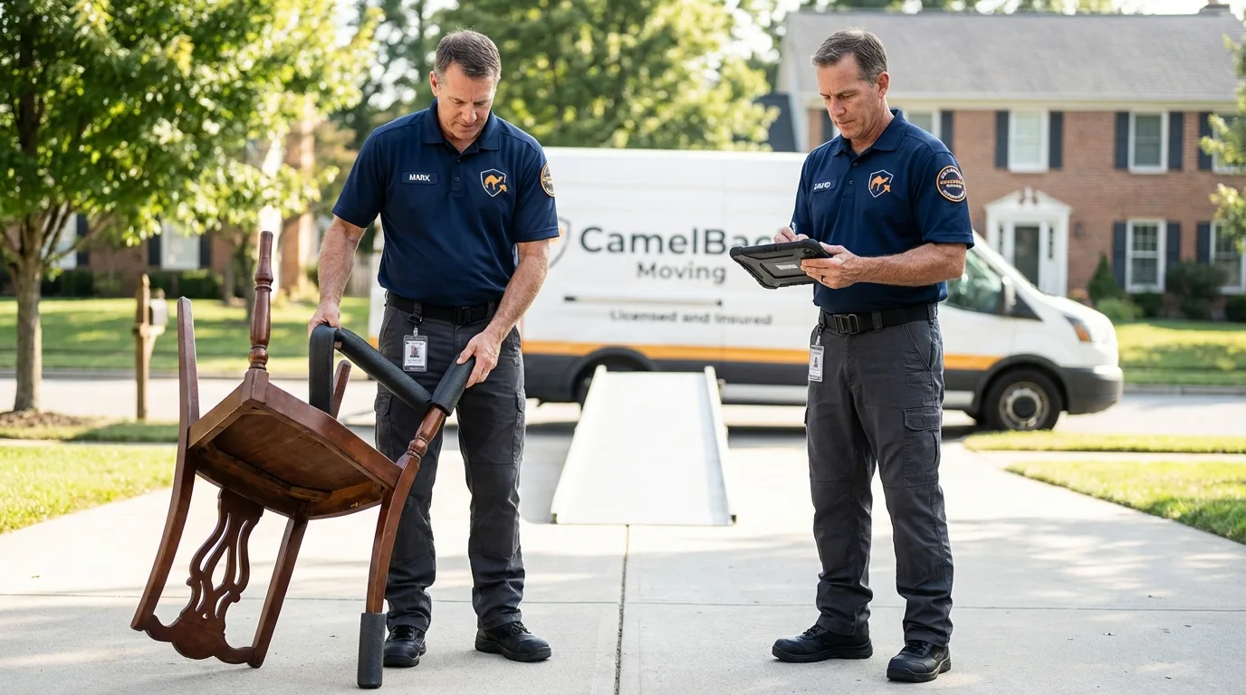 Movers inspecting furniture for damage prevention before loading in Nashville, AR