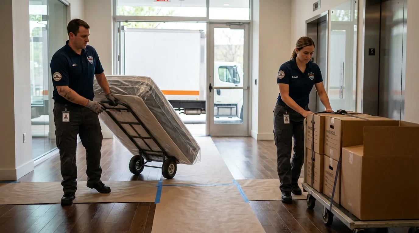 Professional apartment movers loading elevator in Nashville, AR