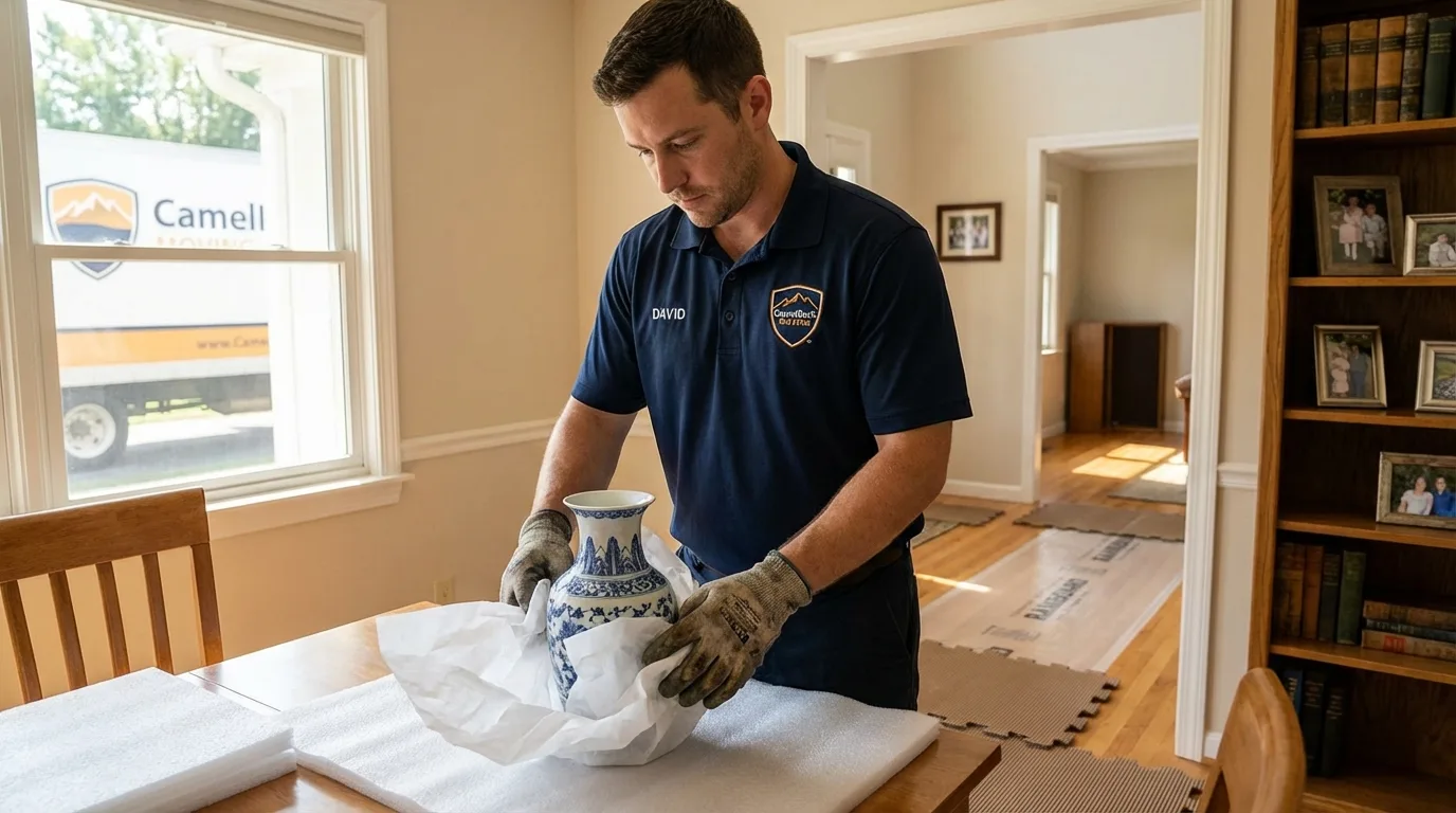 Professional crew carefully wrapping antique vase for senior downsizing move in Nashville, AR